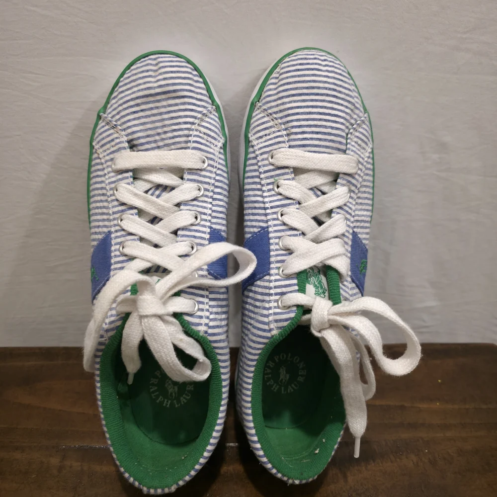 Polo Ralph Lauren Seersucker Sneakers Blue White Stripe Green Pony Size 9B Prep - Picture 4 of 10